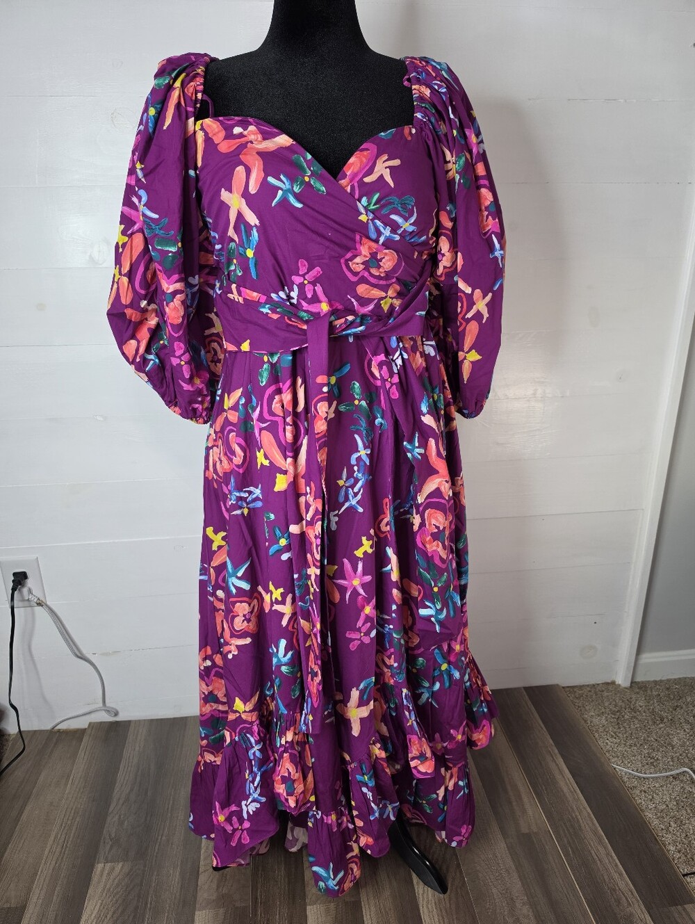 Alivia The Audrey Paint Burst Cotton Maxi Dress Floral Wrap Ruffle Smocked. M